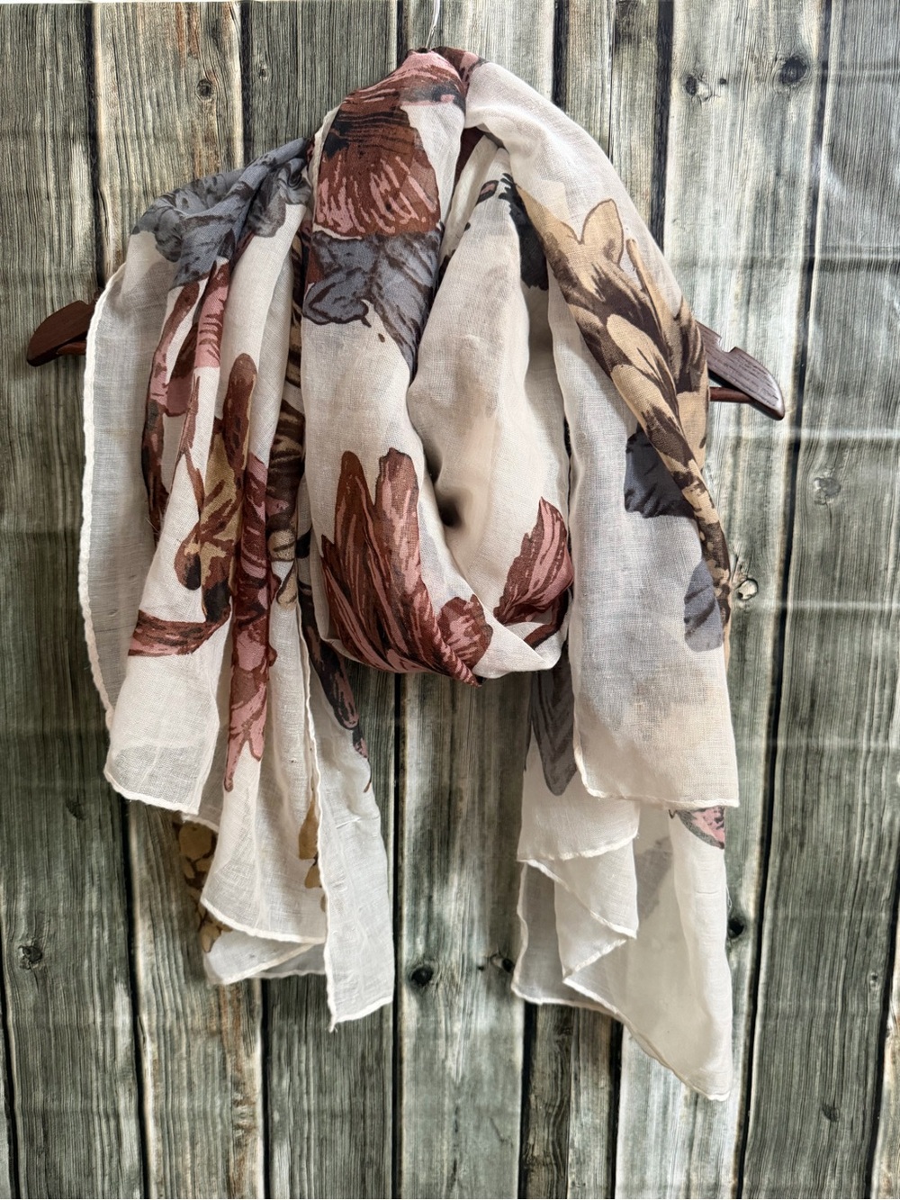 Floral Print Lightweight Women's Scarf in Cream with Pink & Brown Accents